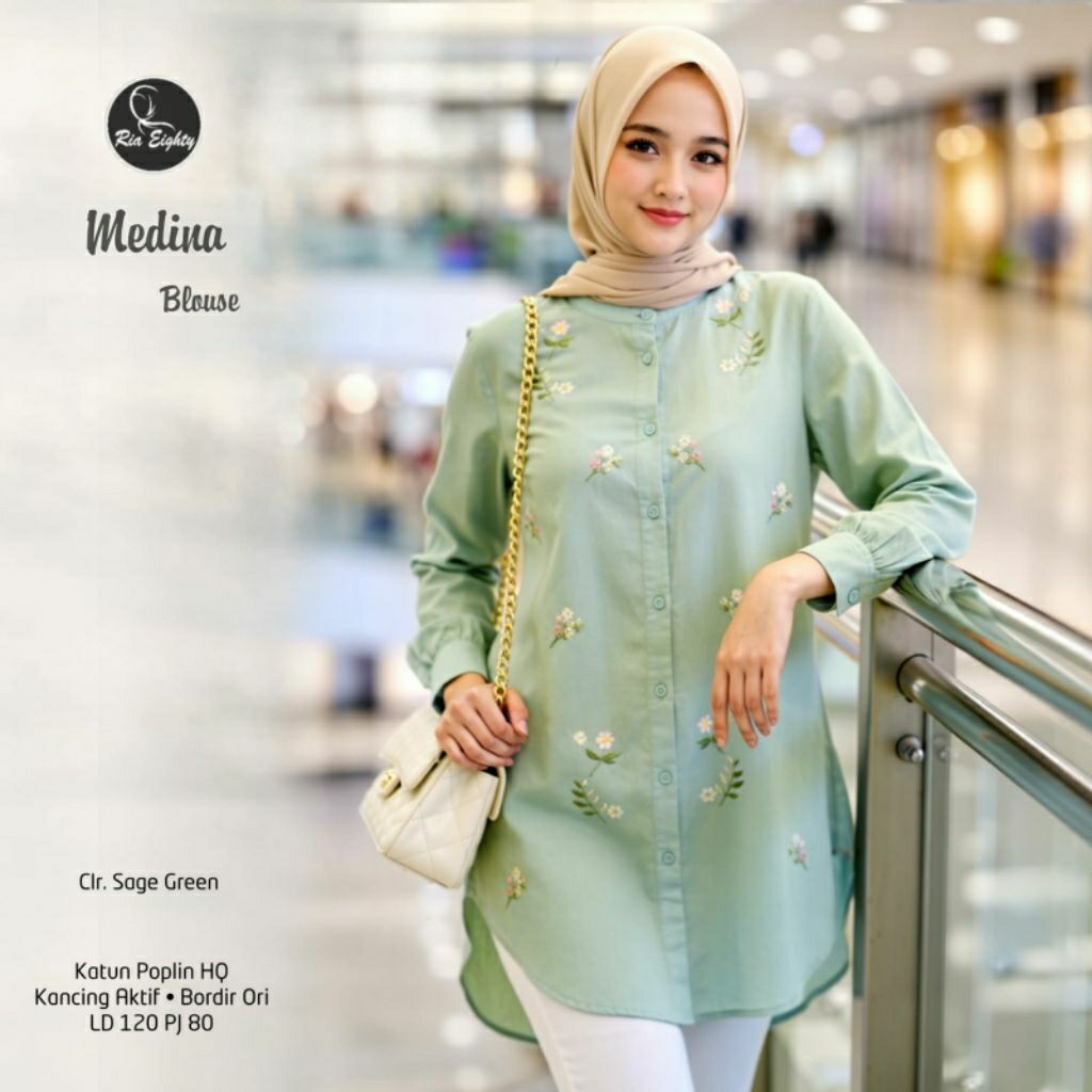 Sage green Medina Kemeja bordir JUMBO LD 120 blouse katun oversize / riaeighty