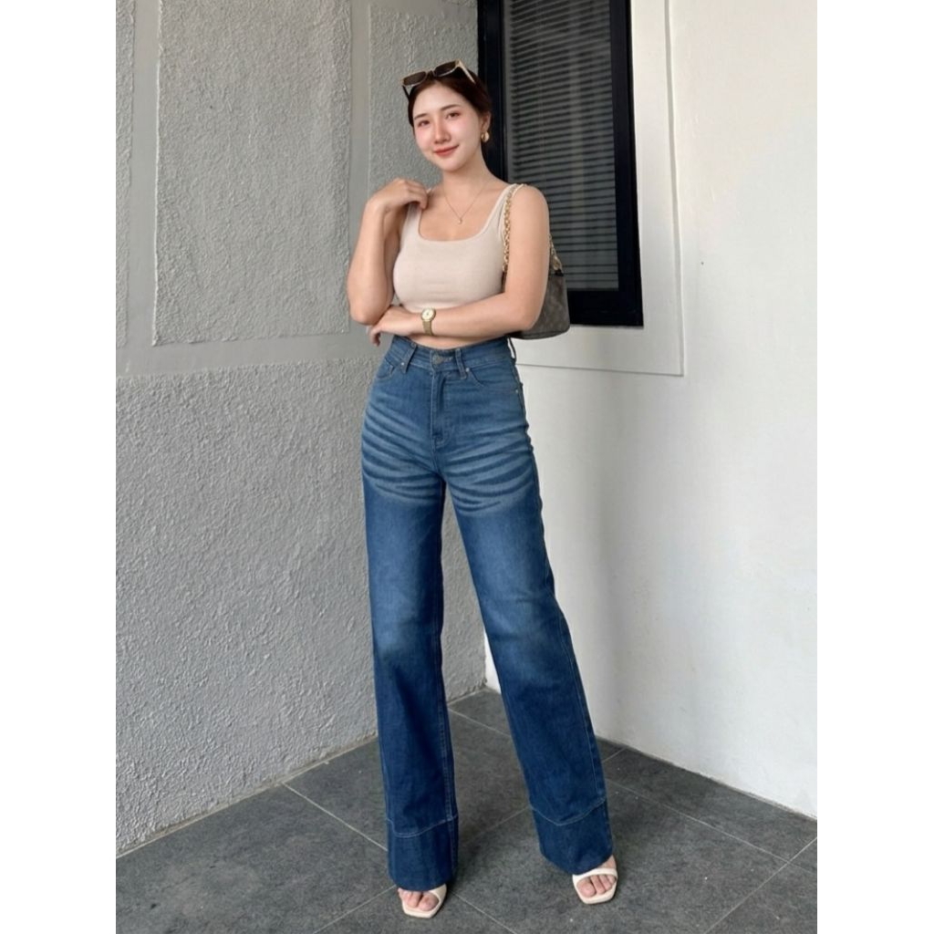 Alunna - Celana Baggy jeans lipat bawah Loose Jeans Wanita Jumbo