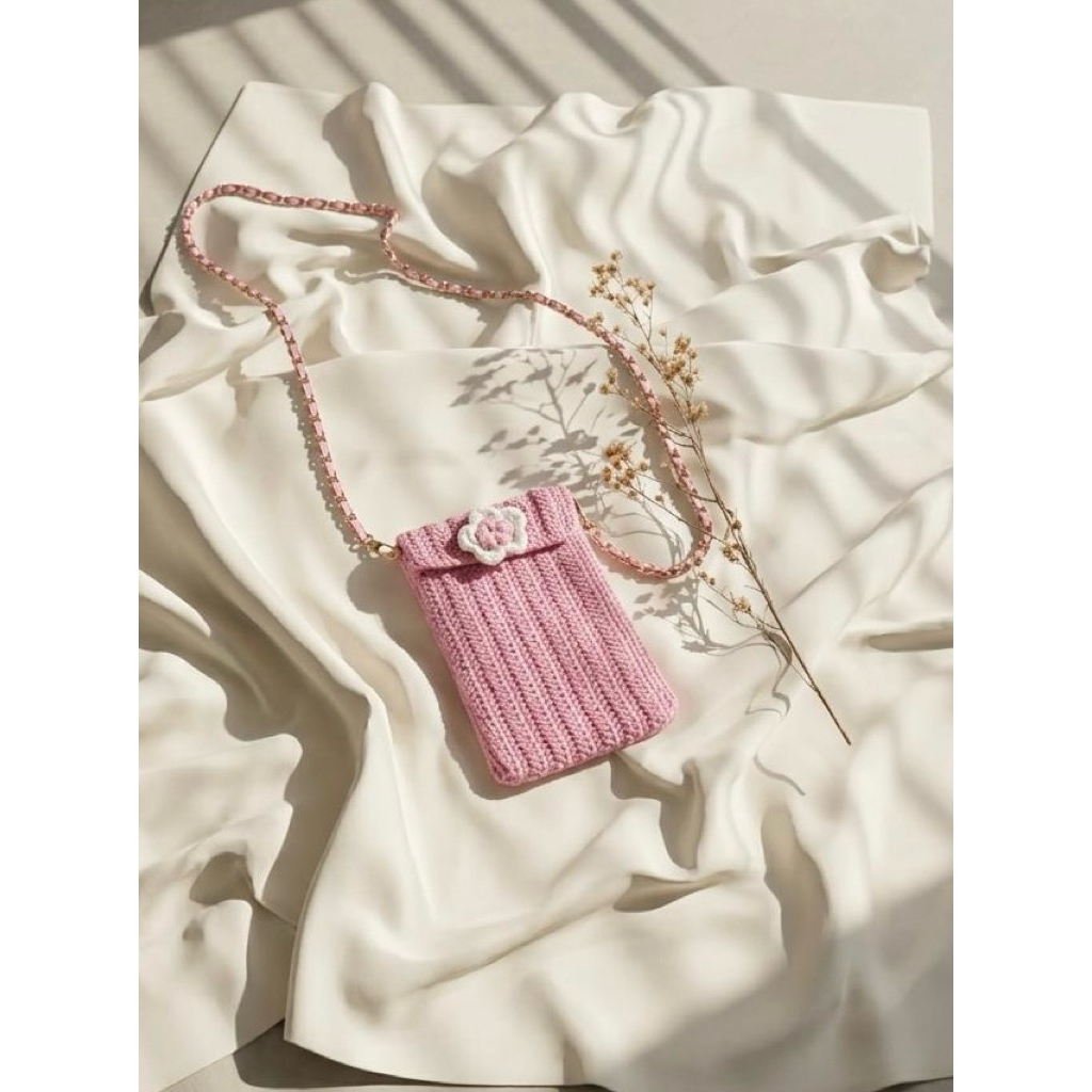 Pink Tas Selempang HandPhone Rajut Hand Made/Tas Selempang Casual/Tas Rajut Simple