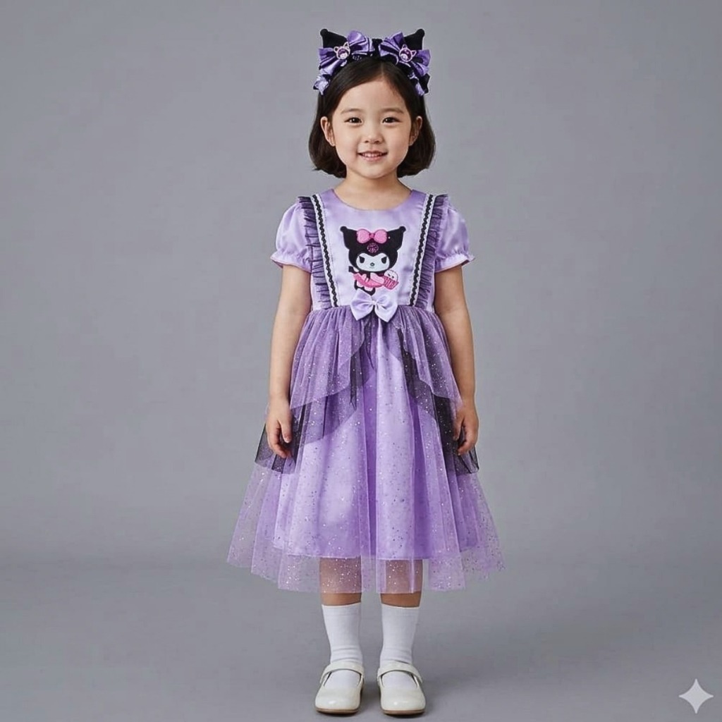 FREE BANDO & ACSESORIES KUROMI Baju Dress Anak Perempuan Motif Kuromi Lengan Pendek Gaun Pesta Ulang