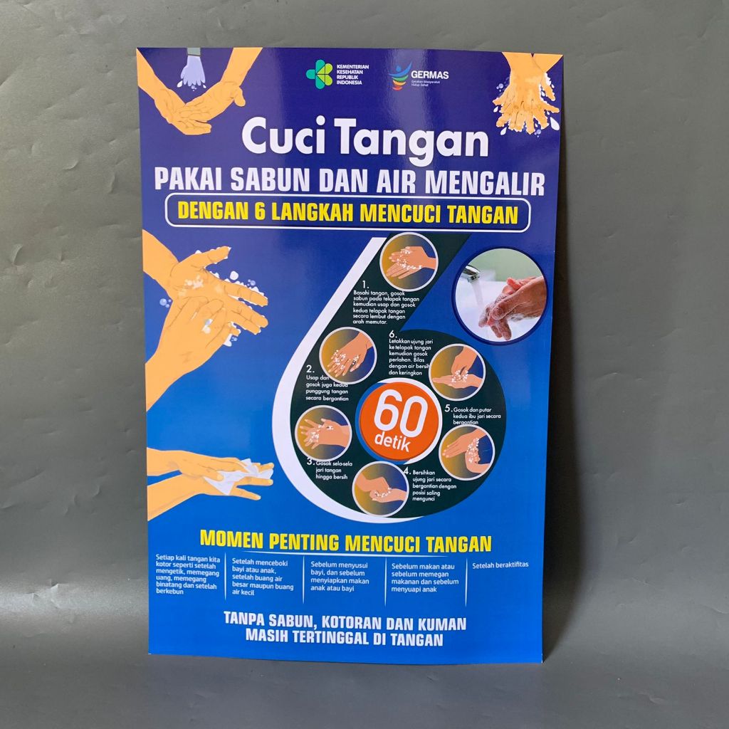 Poster Cuci Tangan 6 Langkah - Poster 6 langkah Mencuci tangan Menggunakan Sabun dengan Air Mengalir