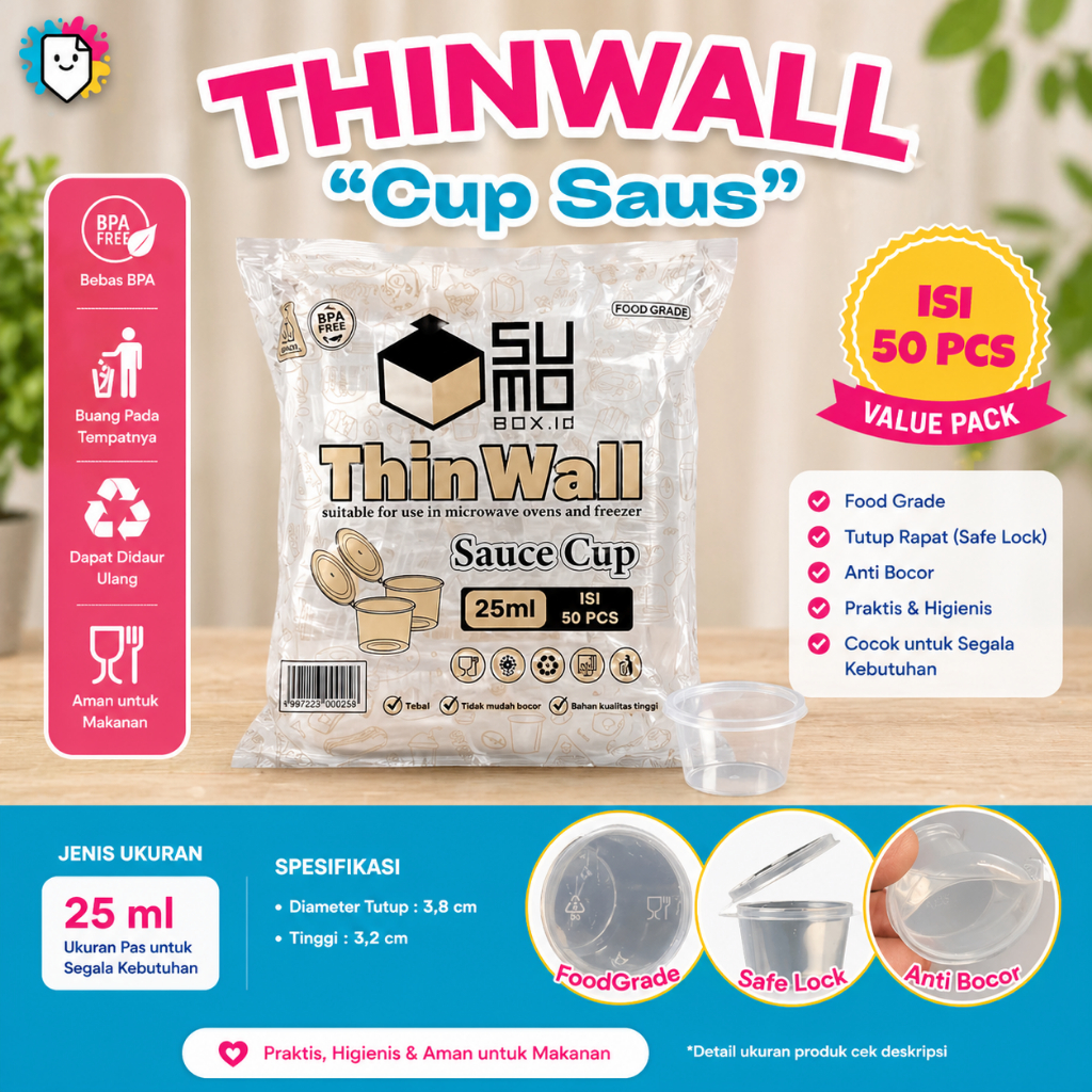[Isi 50 PCS] SUMO Cup Thinwall Cup Saus 25ml Thinwall Kecil / Wadah Sambal / Plastik / Bulat / Round