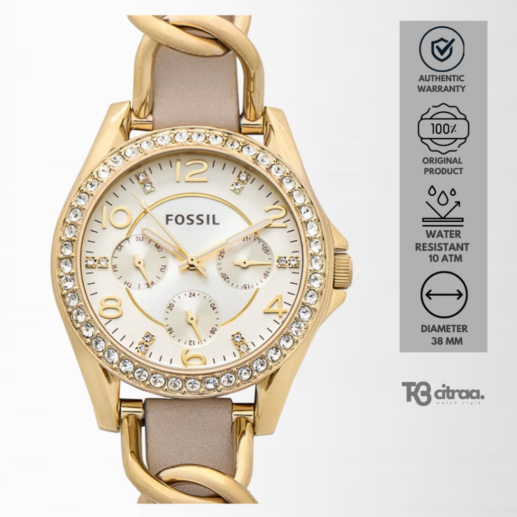 Jam Tangan Wanita Fossil Riley Chronograph Kulit Mewah Casual Original ES3465
