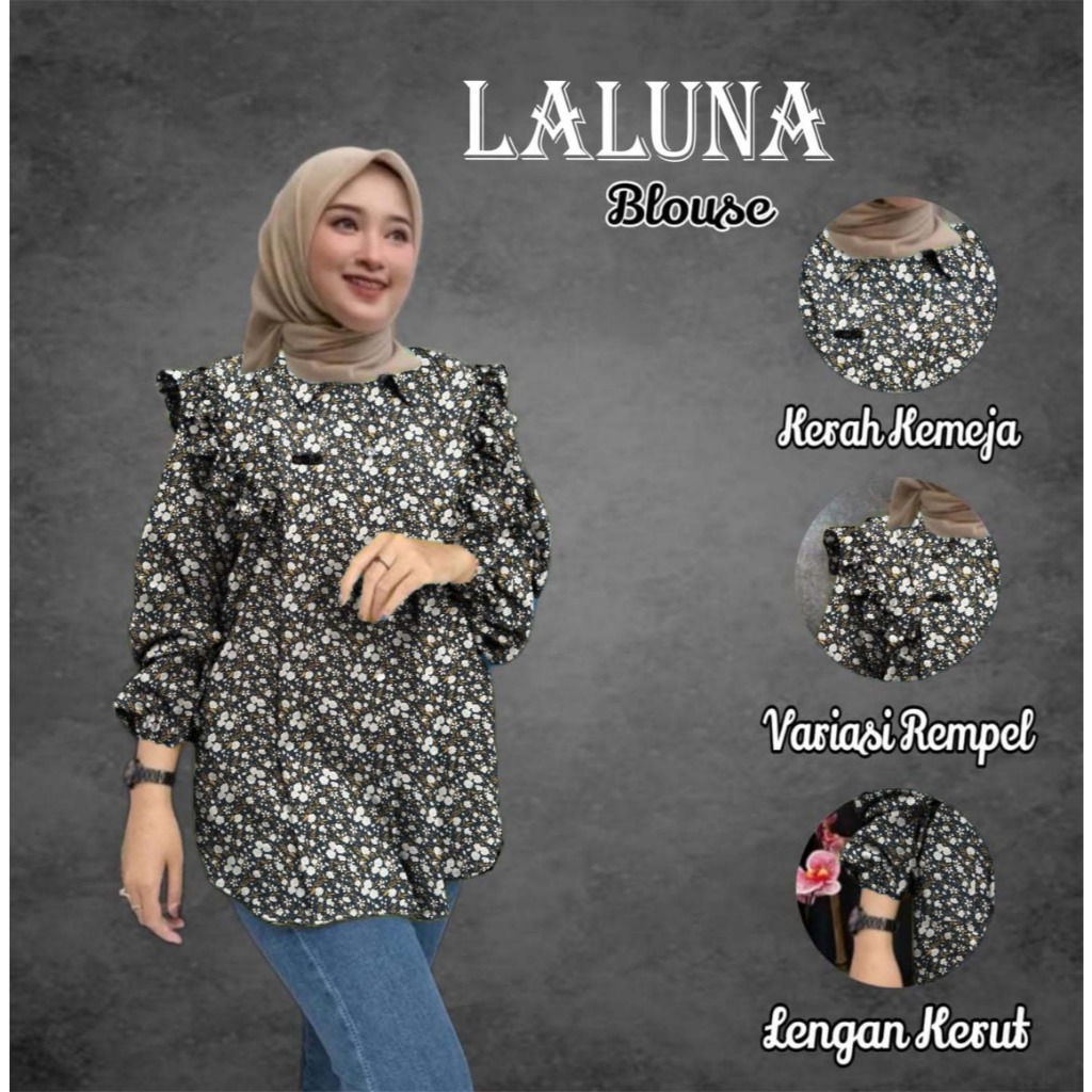 Kemeja Laluna Blouse Motif Bunga Hitam Putih Lengan Kerut Kerah Kemeja Variasi Rempel