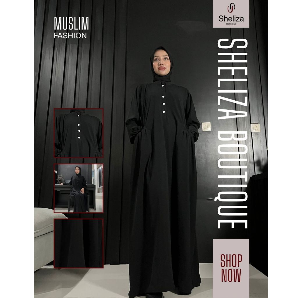 Gamis Wanita Hitam Polos Premium Elegan Busui Friendly Dress Panjang Loose Fit Adem Nyaman Formal Ca