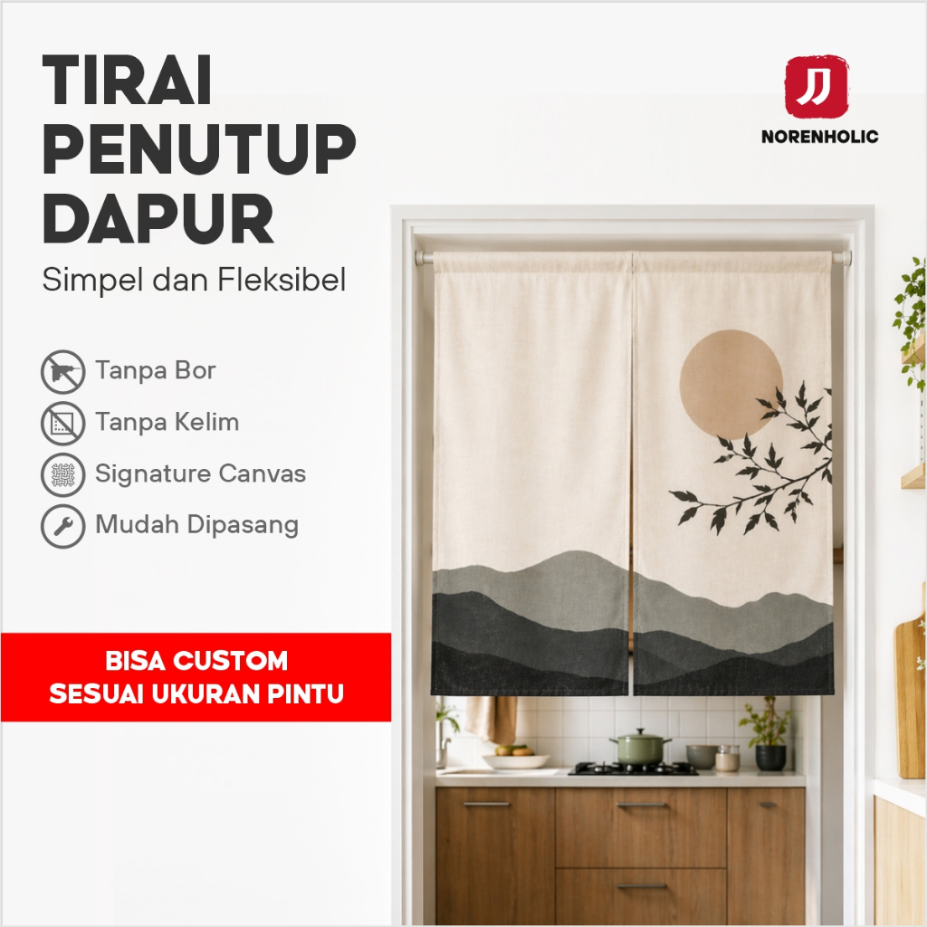 Gorden Pintu Dapur Minimalis | Tirai Jepang Noren Custom Sekat Ruangan Tanpa Bor Aesthetic