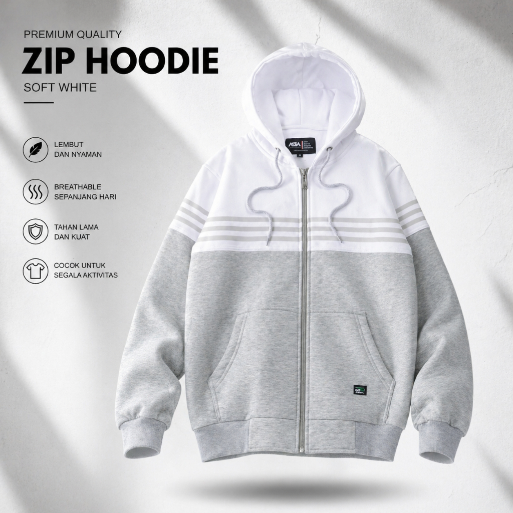 Nsa Ind Hoodie Zipper  Two Colour  Strip Sebusca Misty Grey White pria wanita