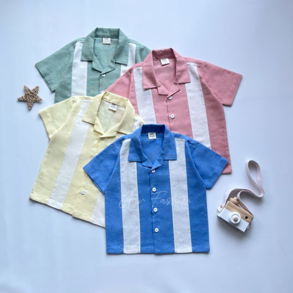 GAV -  Kemeja Linen Anak Kombinasi Vintage | Cuban Bowling Shirt Vintage Stripe