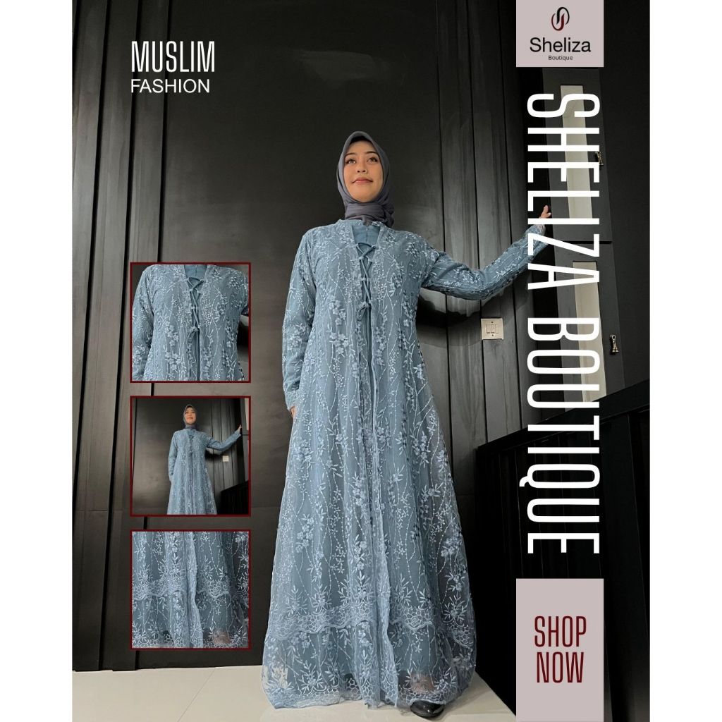 Gamis Wanita Brokat Premium Biru Elegan Dress Panjang Layer Tali Depan Outfit Kondangan Mewah