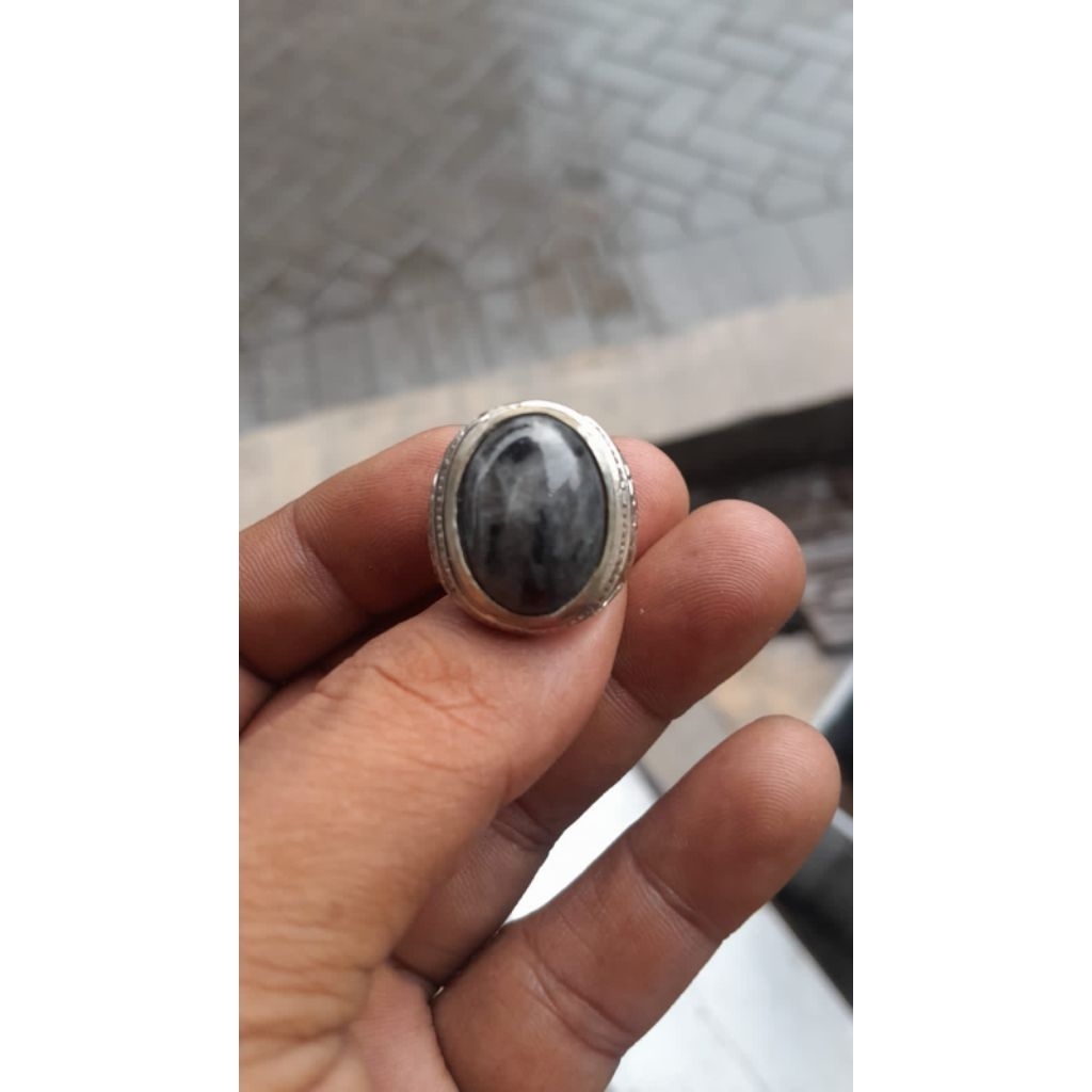 Cincin batu akik labrador hitam 18x13 mm ring ALPAKA super