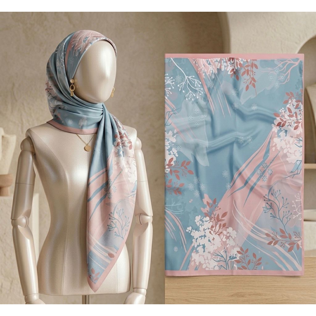 Hijab Motif Premium Segiempat Biru Muda