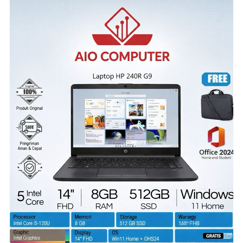 HP Laptop TKDN 240R G9 GZPC Core 5 120U 8GB 512GB 14 FHD Windows 11 Home - NB HP TKDN