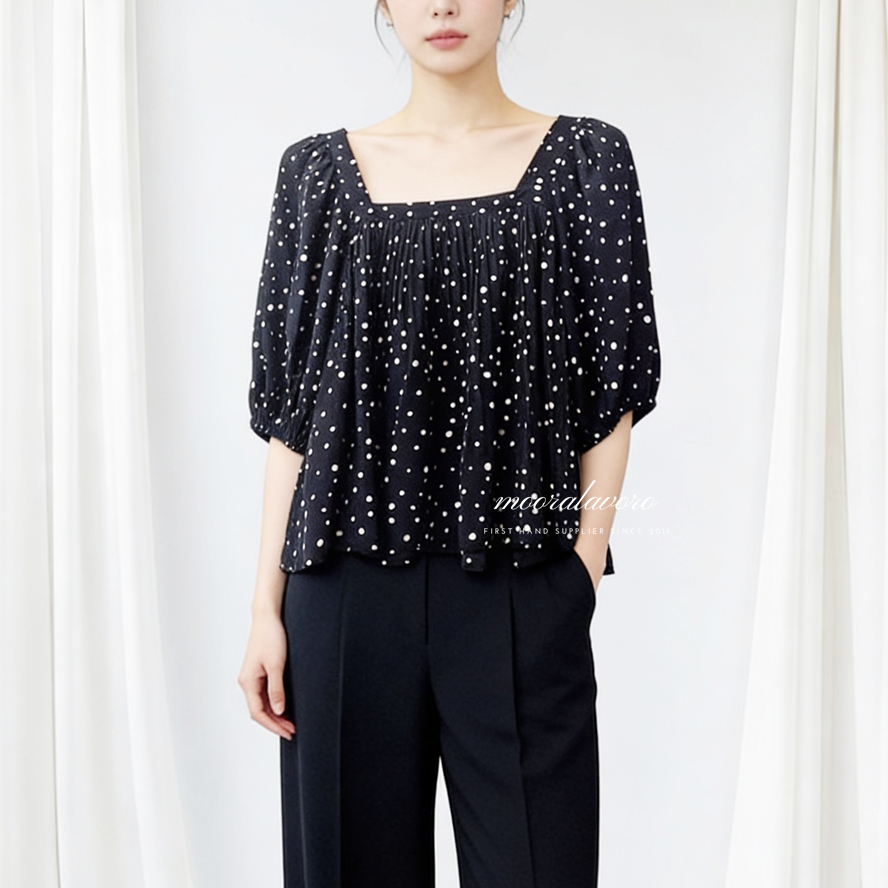 ELODY CLASSY POLKADOT PLEATS SQUARE NECK TOP KOREAN STYLE READY BANGKOK PREMIUM COLLECTIONS BKK