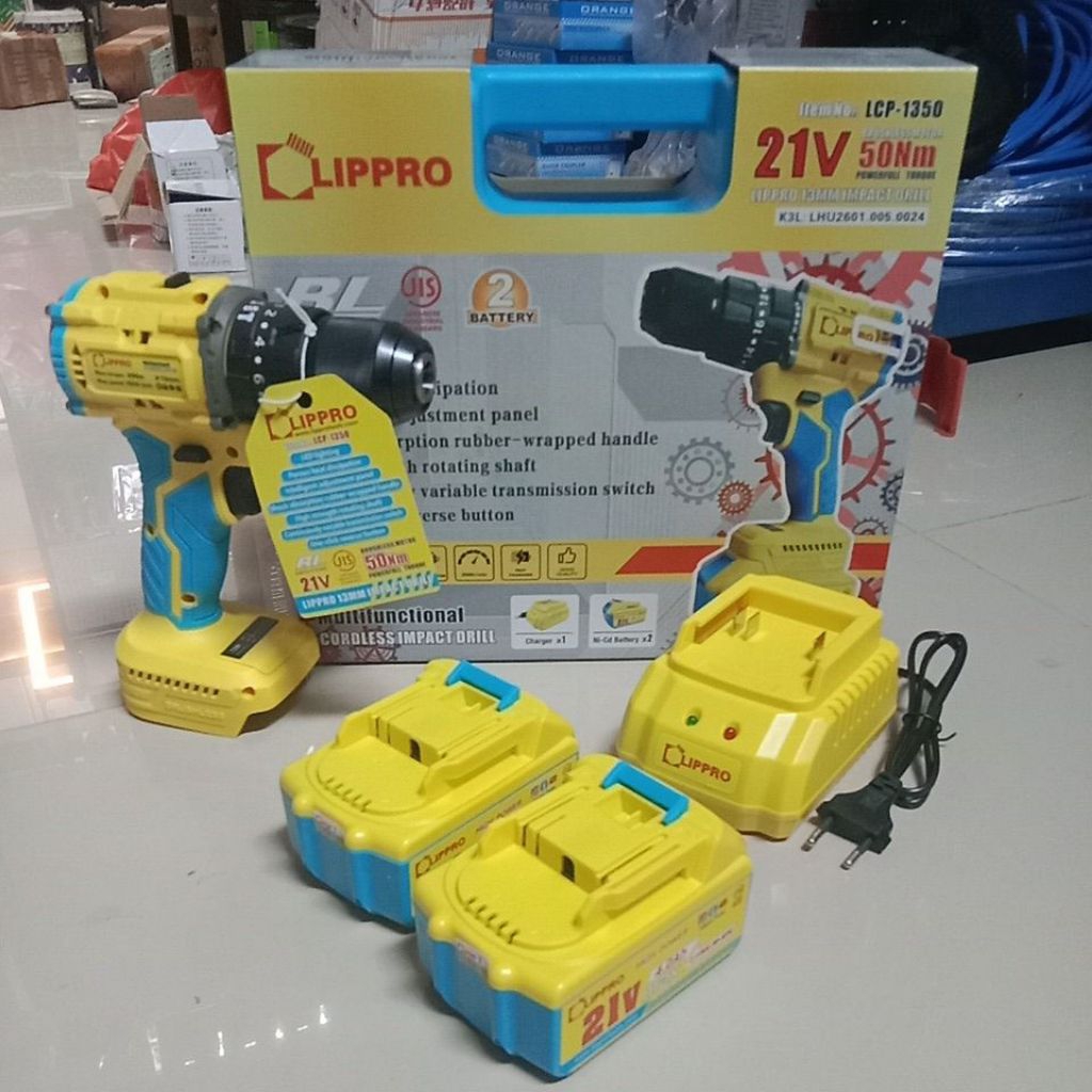 LIPPRO MESIN BOR CORDLESS 13MM BRUSHLESS 21V 2 BATERAI