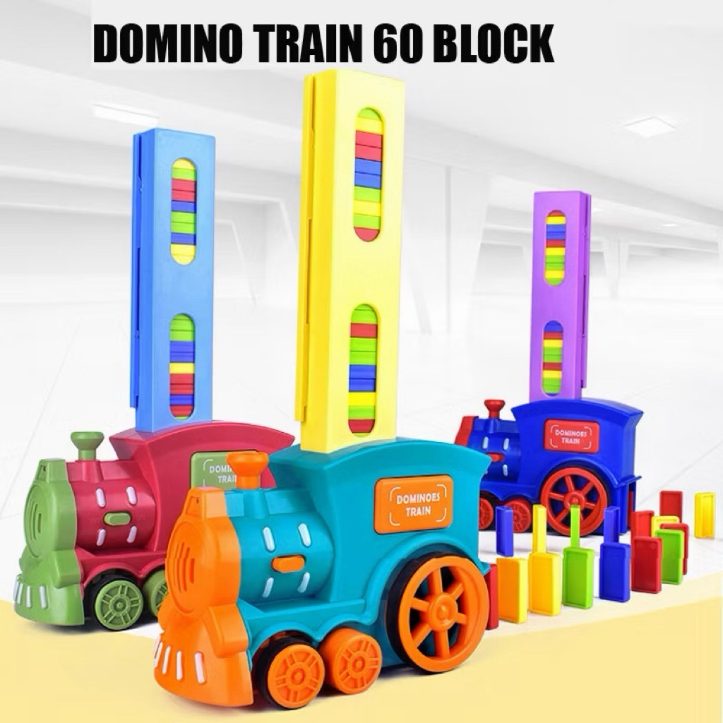 Hokiddo.id | Mainan Kereta Domino Otomatis – Susun Balok Puzzle Berjalan, 60 Domino Warna-warni, Mus