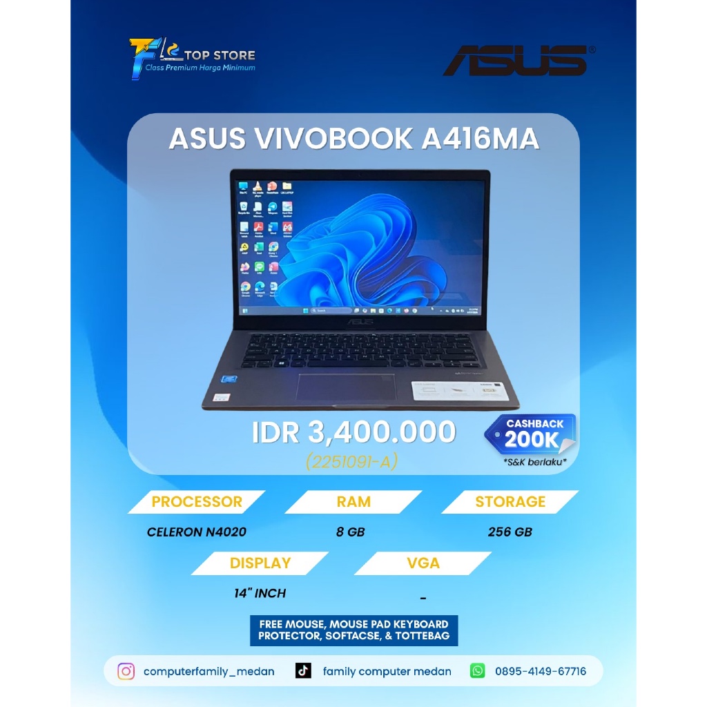 LAPTOP ASUS VIVOBOOK A416MA GREY INTEL CELERON N4020 RAM 8 GB SSD 256 GB BACKLITE