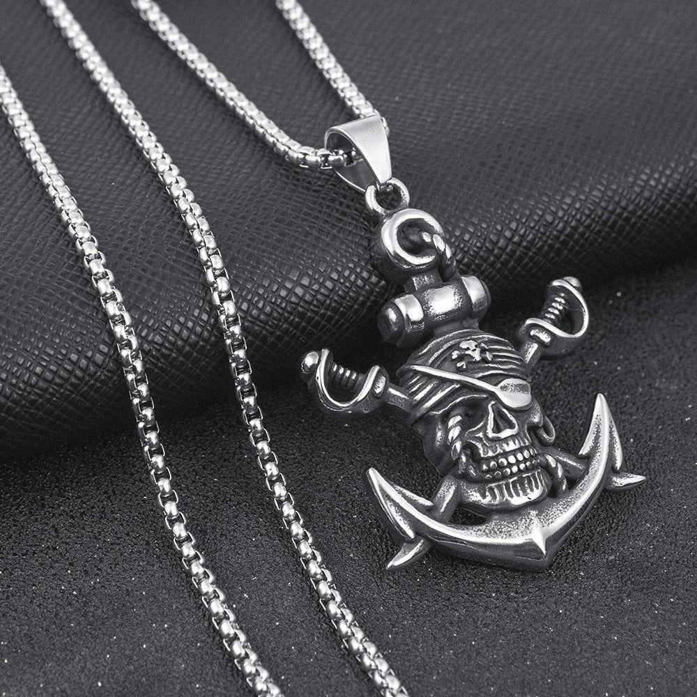 Kalung Tengkorak Bajak Laut Silver Glossy / Vintage Skull Pirate Pendant Stainless Steel Double Knif