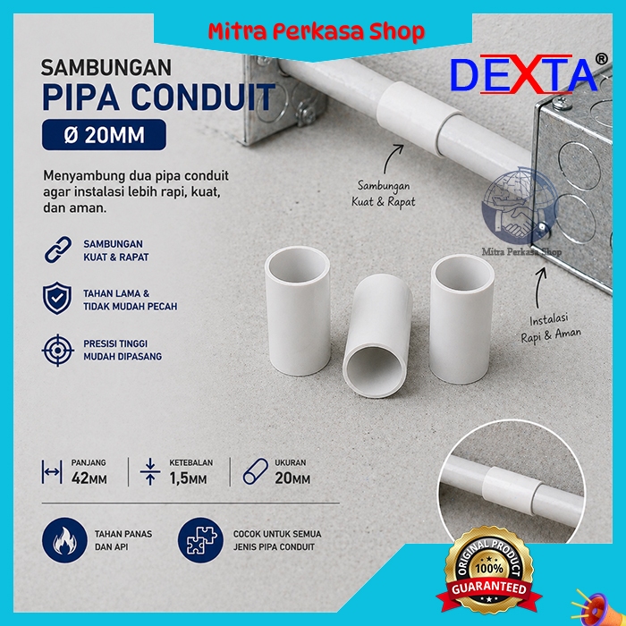 Sok Sambungan Pipa Listrik Conduit 20mm Dexta (harga per 25 Pcs) / Sock Konduit Warna Putih / Sok Pi
