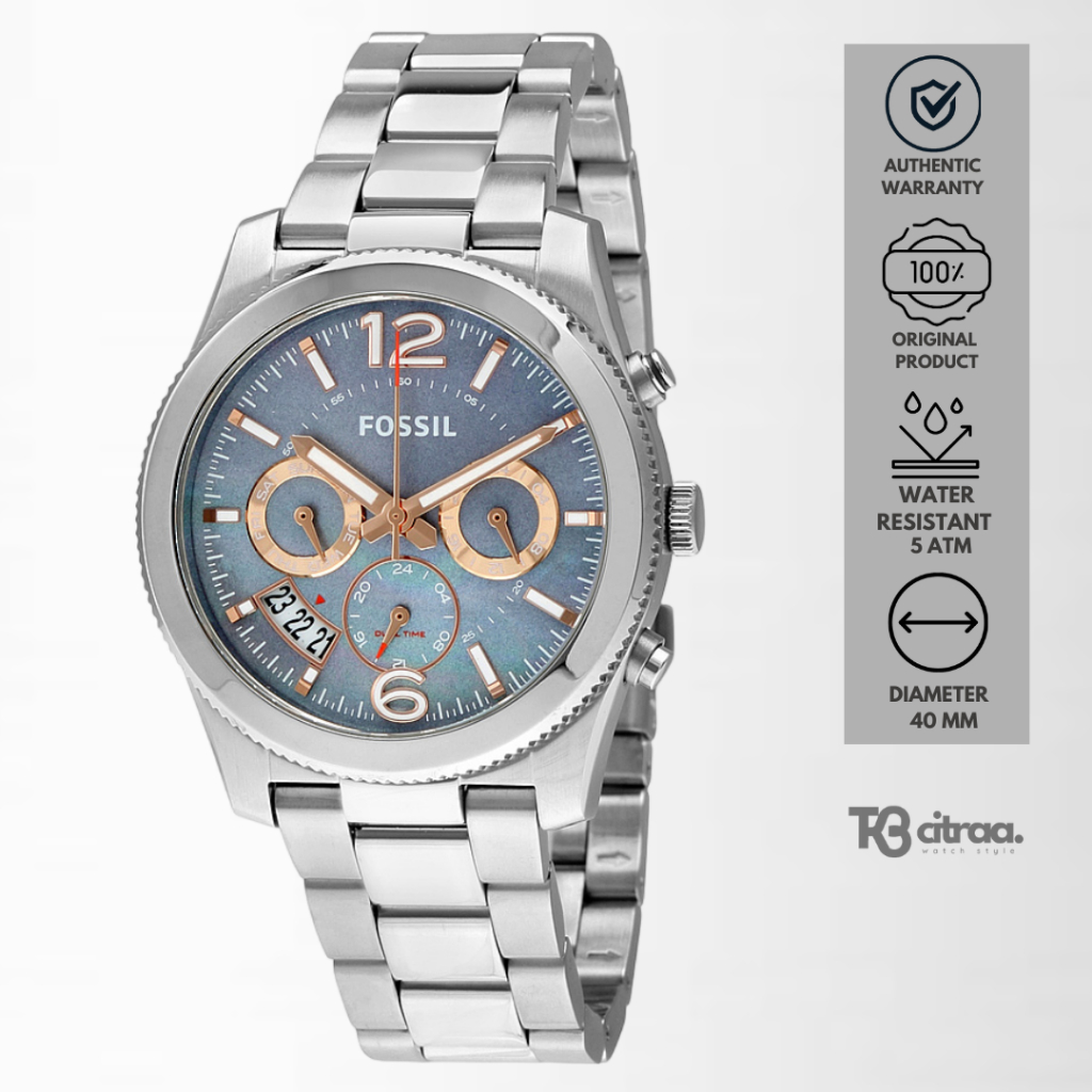 Jam Tangan Wanita Fossil Perfect Boyfriend Chronograph Stainless Steel Silver Mewah Original ES3880
