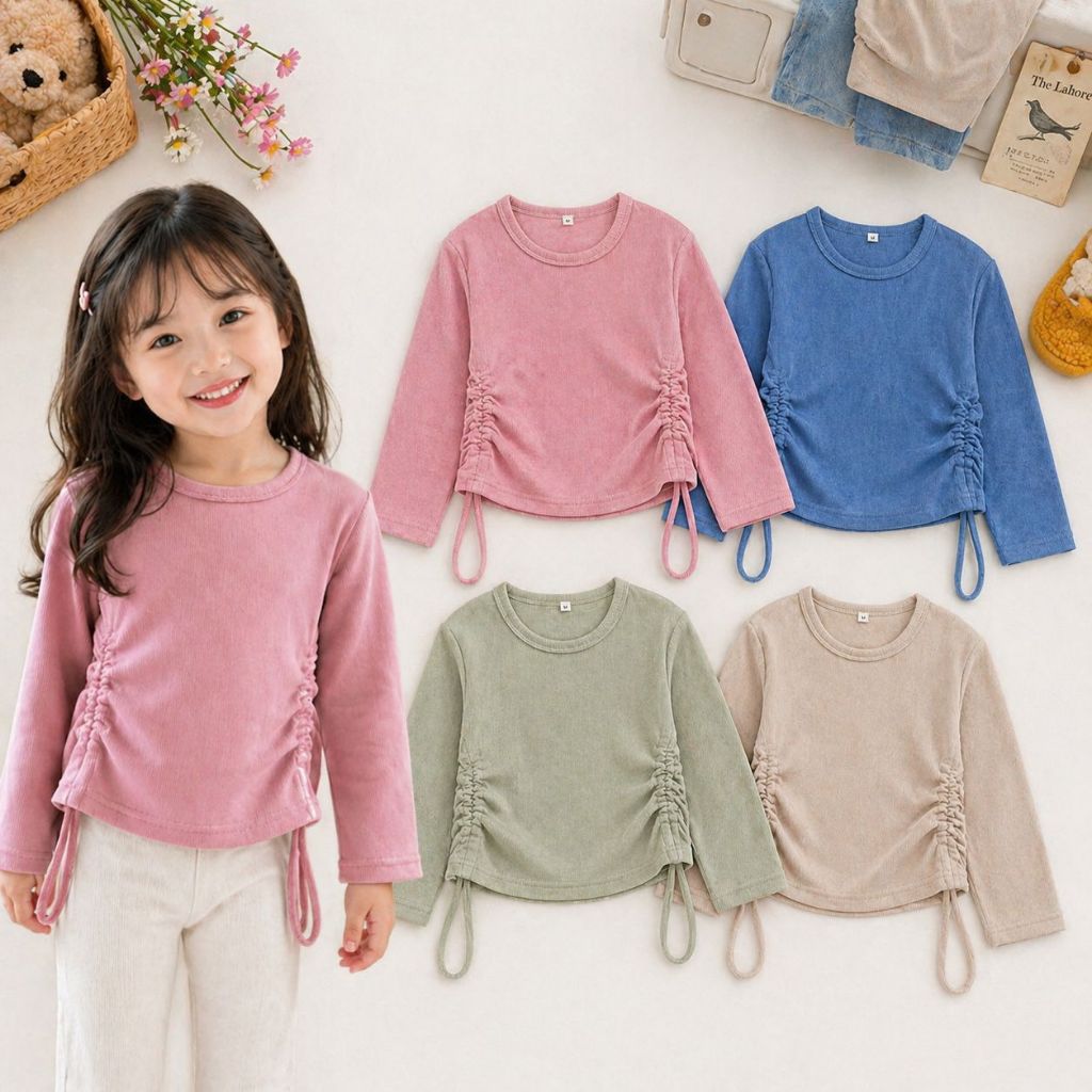 Kaos serut knit Anak perempuan terbaru / kaos serut anak polos lengan panjang 1-12tahun