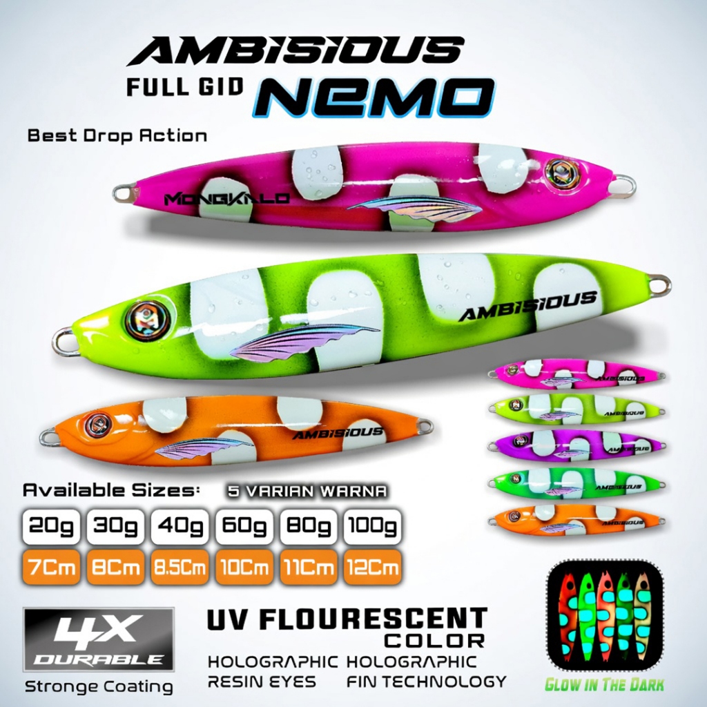 Hookpilot - Metal Jig MONGKALO AMBISIOUS Nemo Full GID UV 20 g 30 gr 40 grm 60 80 100 gram - Umpan P