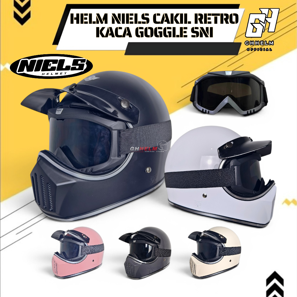 HELM NIELS CAKIL KACA GOGGLE SNI HELM FULL FACE RETRO ORIGINAL