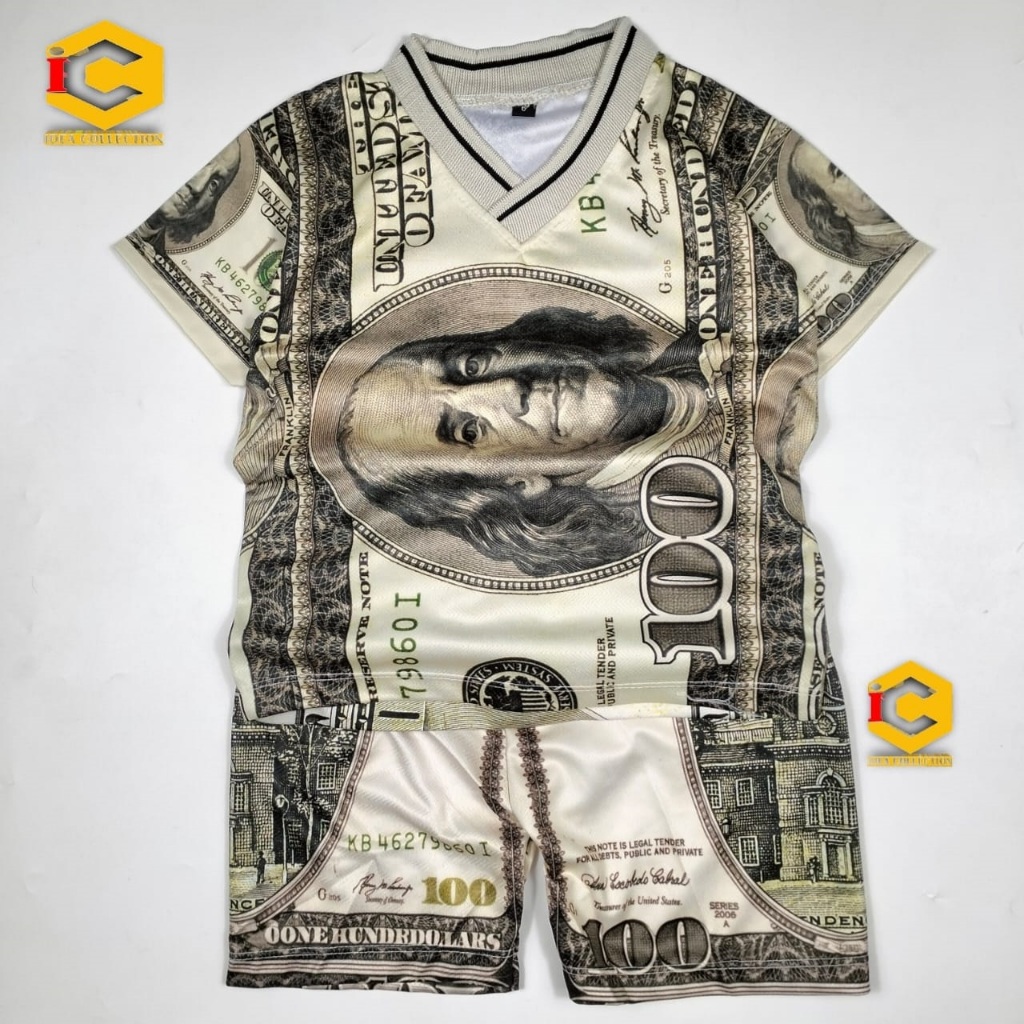 Setelan Anak Fashion Dollar – Kaos + Celana Pendek Motif Uang Baju Anak Laki Keren