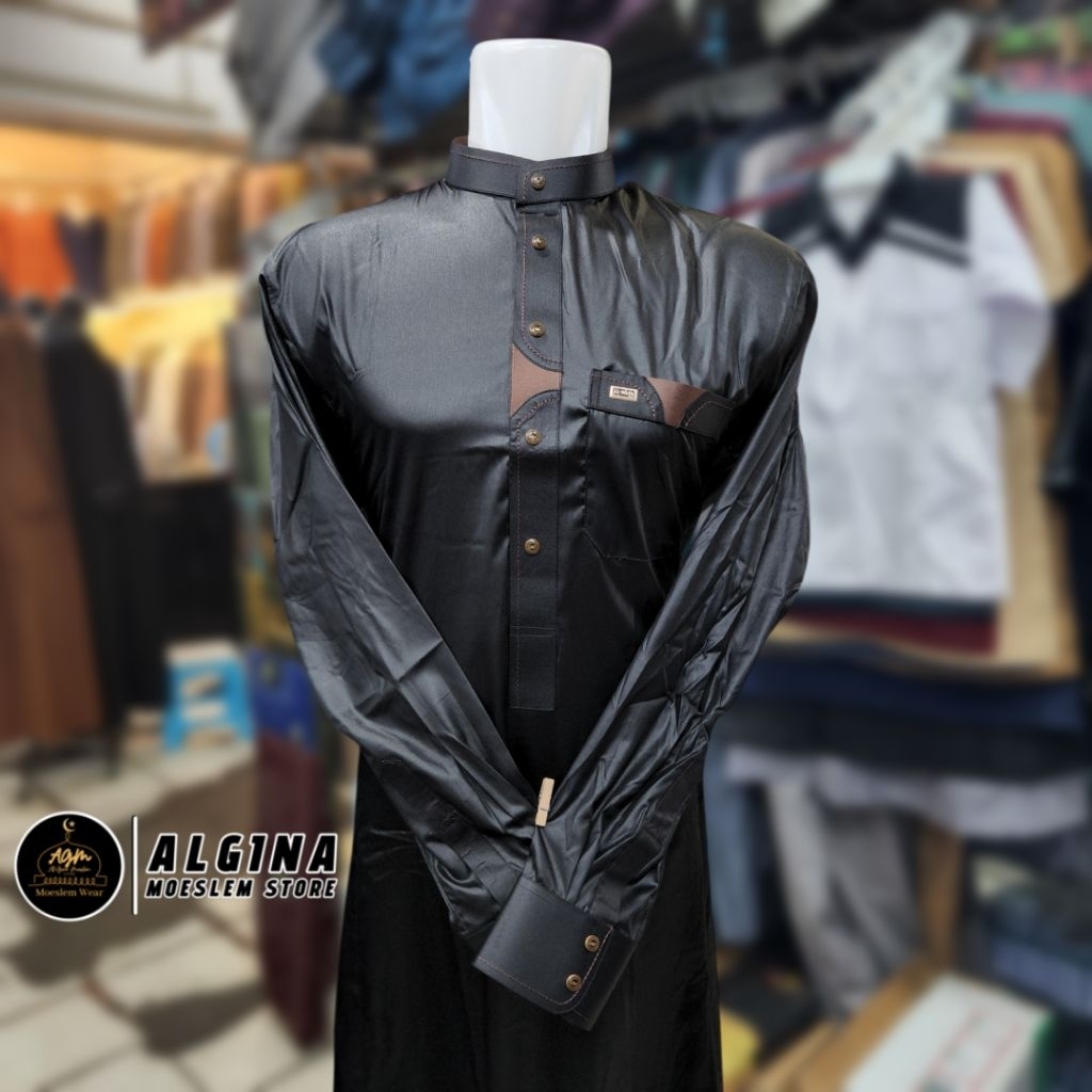 Gamis Al Wafa Hitam Lengan Panjang Manset Bahan Satin Korea Kancing Thailand | Jubah Muslim Lengan P