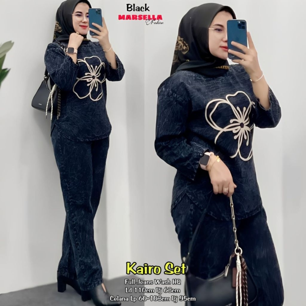 KAIRO SET JEANS PAKAIAN SETELAN WANITA BAHAN JEANS WASH ADEM NYAMAN DIPAKAI