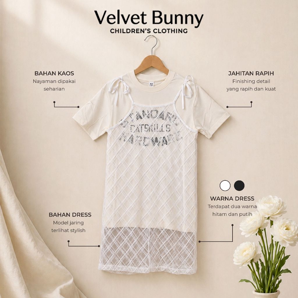 Overall Dress Putih Hitam Gaun Brokat Lucu Kaos Anak Perempuan