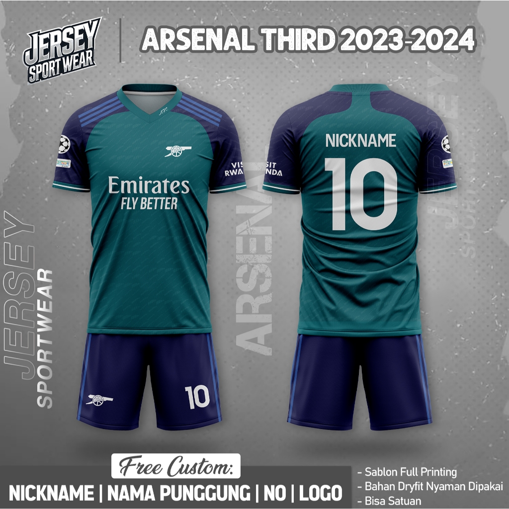 Jersey Sepak Bola Custom Arsenal Third 2023-2024 Pendek Free Custom Nama dan No Punggung Full Printi