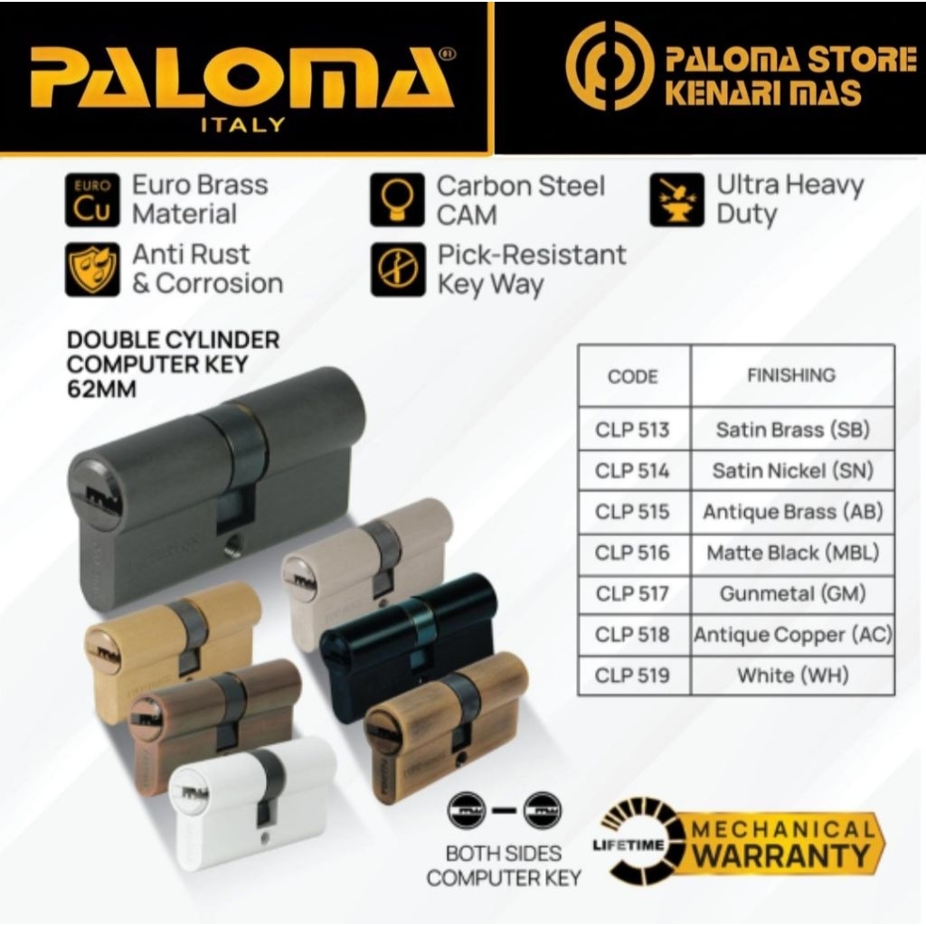 PALOMA CLP 513 514 515 516 517 518 519 Cylinder Komputer Key 5 Anak Kunci 60MM DC-CK Brass Kuningan 