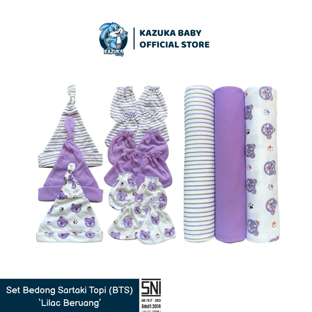 Kazuka Baby - Set Bedong Sartaki Topi Newborn Series Lilac Beruang