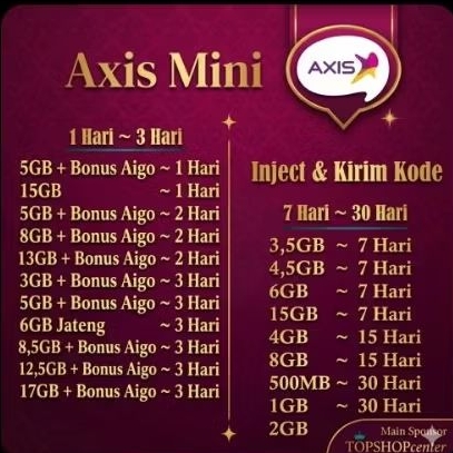 Paket Data Axis Kuota Internet Mini Inject + Bonus Aigo 1GB 2GB 3GB 5GB