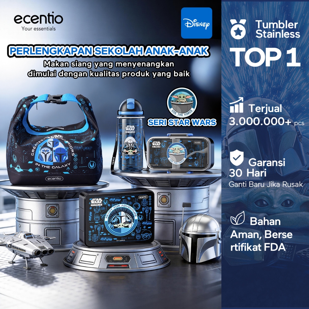 ecentio Star Wars Series Original Resmi Kotak Bekal Anak 950ml Anti Bocor BPA Free Set Lunch Box + B