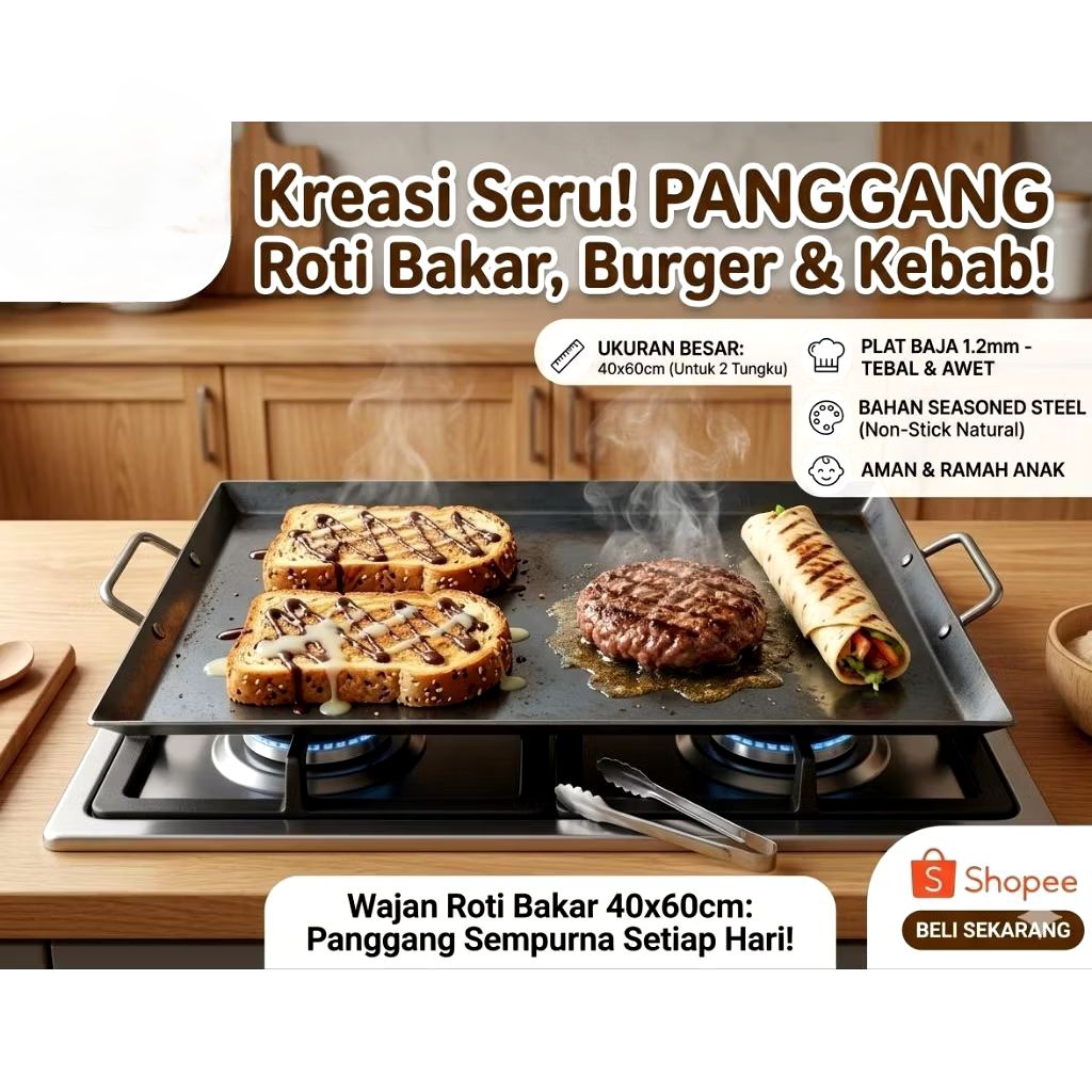 Wajan Roti Bakar 2 Tungku / Wajan kebab / Burger 40×60 CM Bahan Plat Baja Hitam Anti Lengket