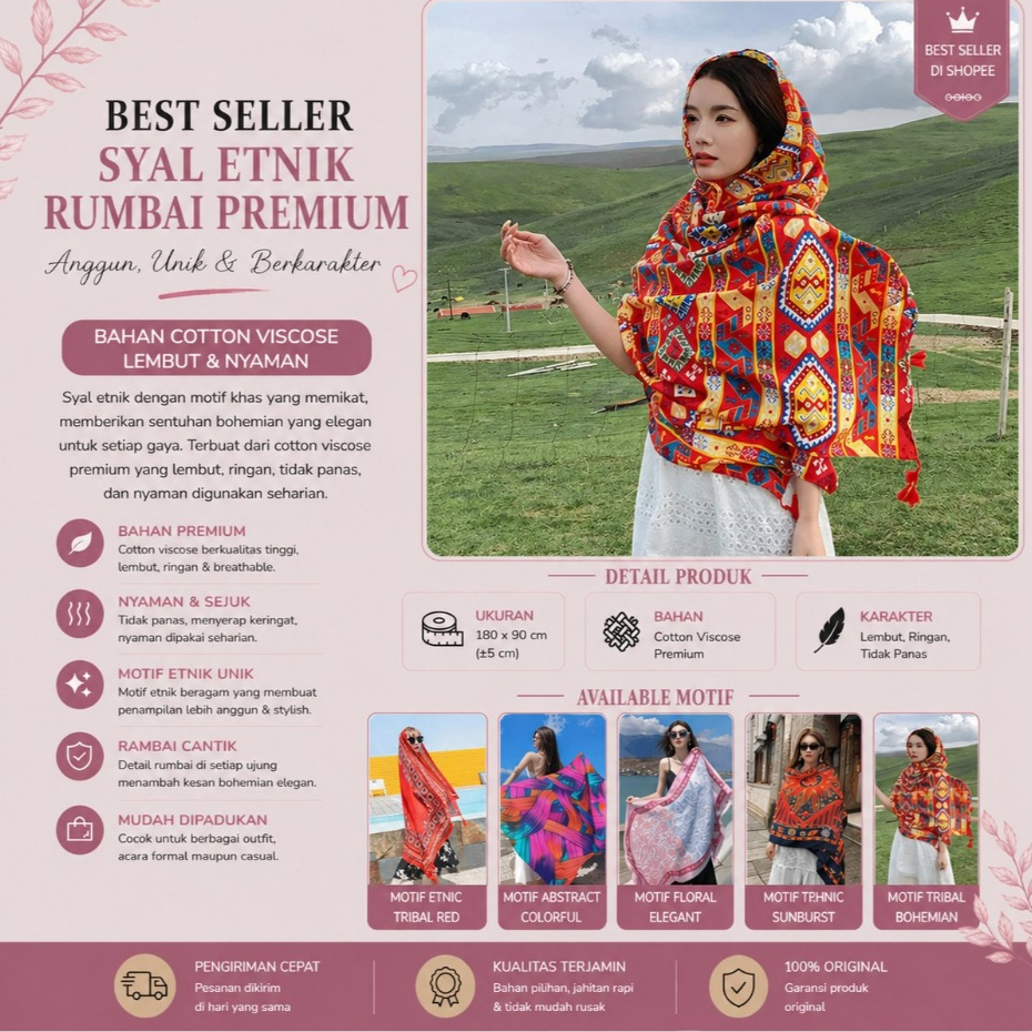 Syal Etnik Premium Motif Klasik Merah – Syal Wanita Elegan Gaya Boho, Lembut & Ringan Cocok untuk Da