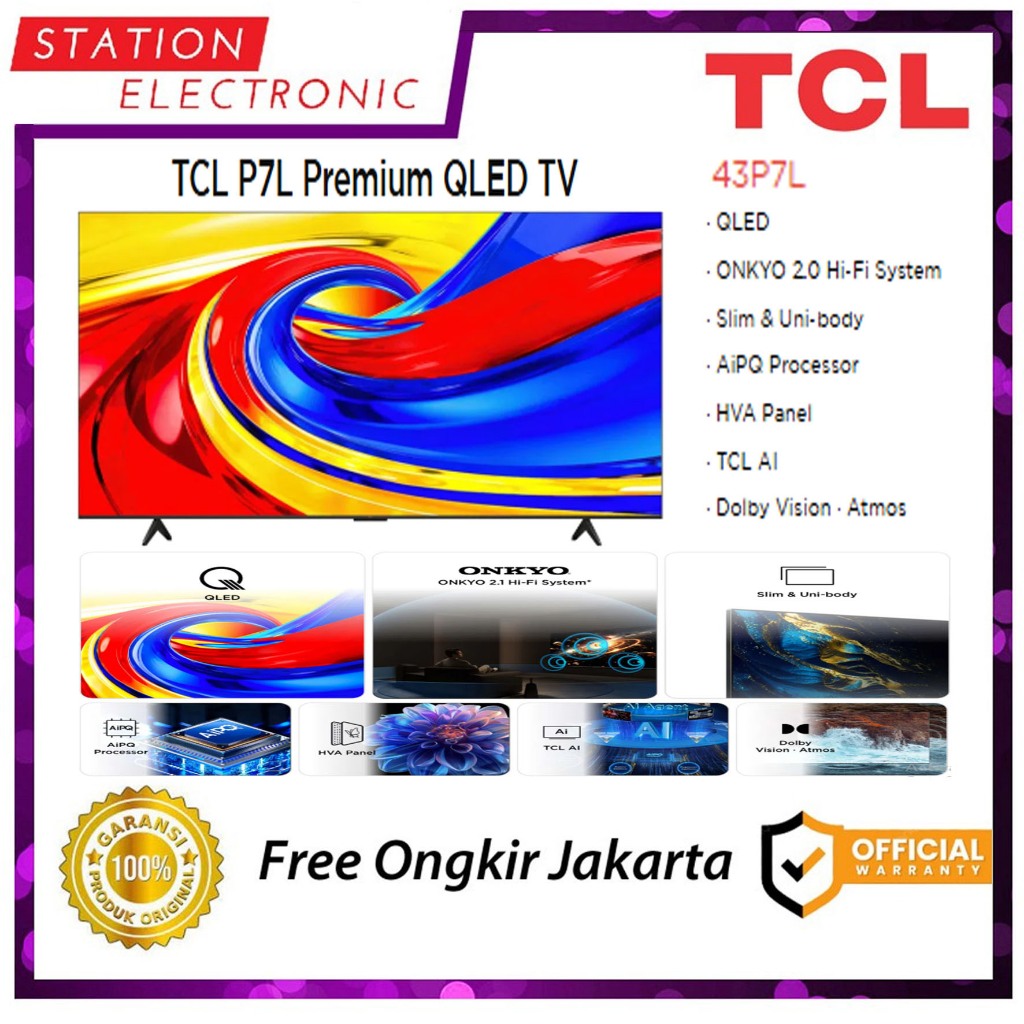 TCL 43P7L / P7L Premium QLED 4K UHD Smart Google TV VRR 60Hz ONKYO 2.0 43 Inch
