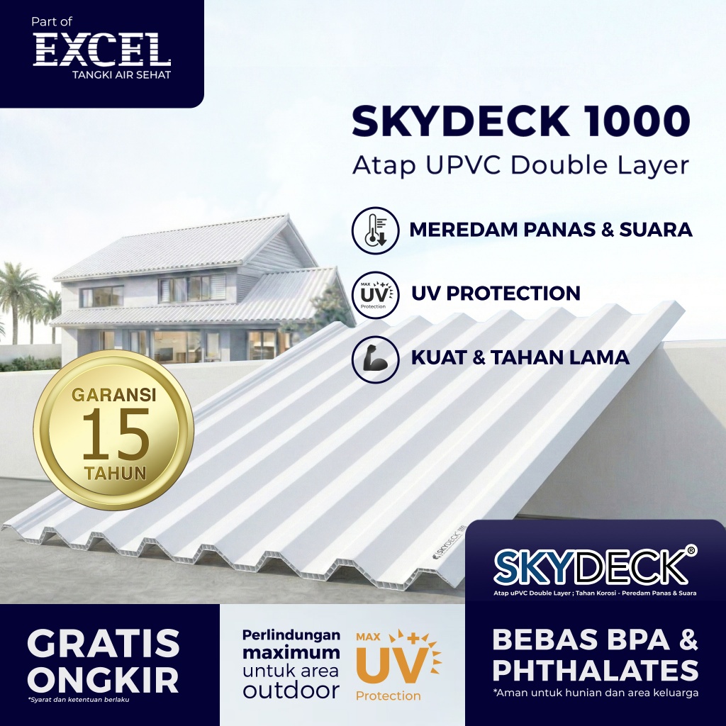 Atap uPVC SKYDECK 1000 Double Layer 12mm – Whitedoff - Atap Dingin Anti Bocor, Peredam Panas & Suara