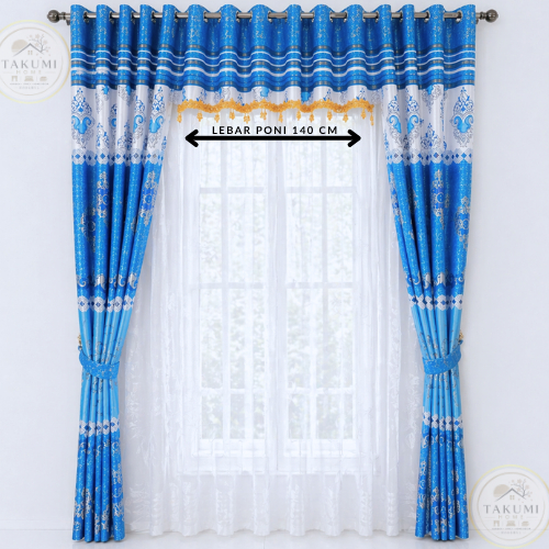 Gorden 1 Set Poni Mewah Panama Biru Tinggi 230cm Blackout Import Motif Batik Minimalis Elegan Tebal 