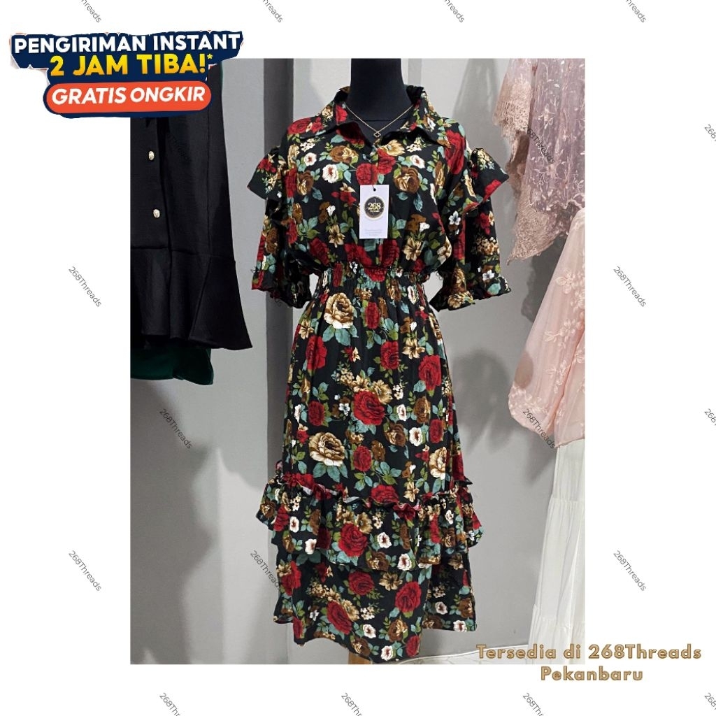 dress midi button crinkle motif bunga dress wanita dress pesta