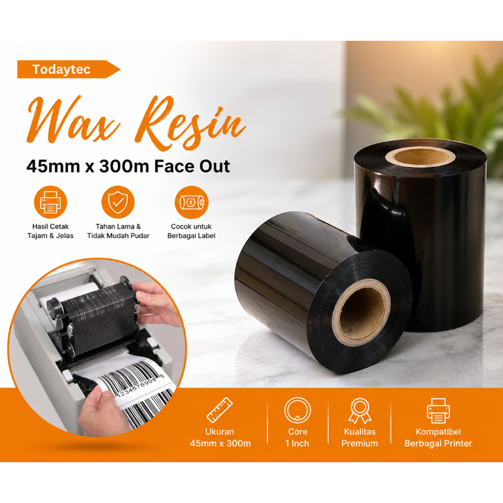 Ribbon Barcode Wax Resin / Sticker Ribbon Barcode / Wax Resin Ribbon 45mm x 300m Face Out