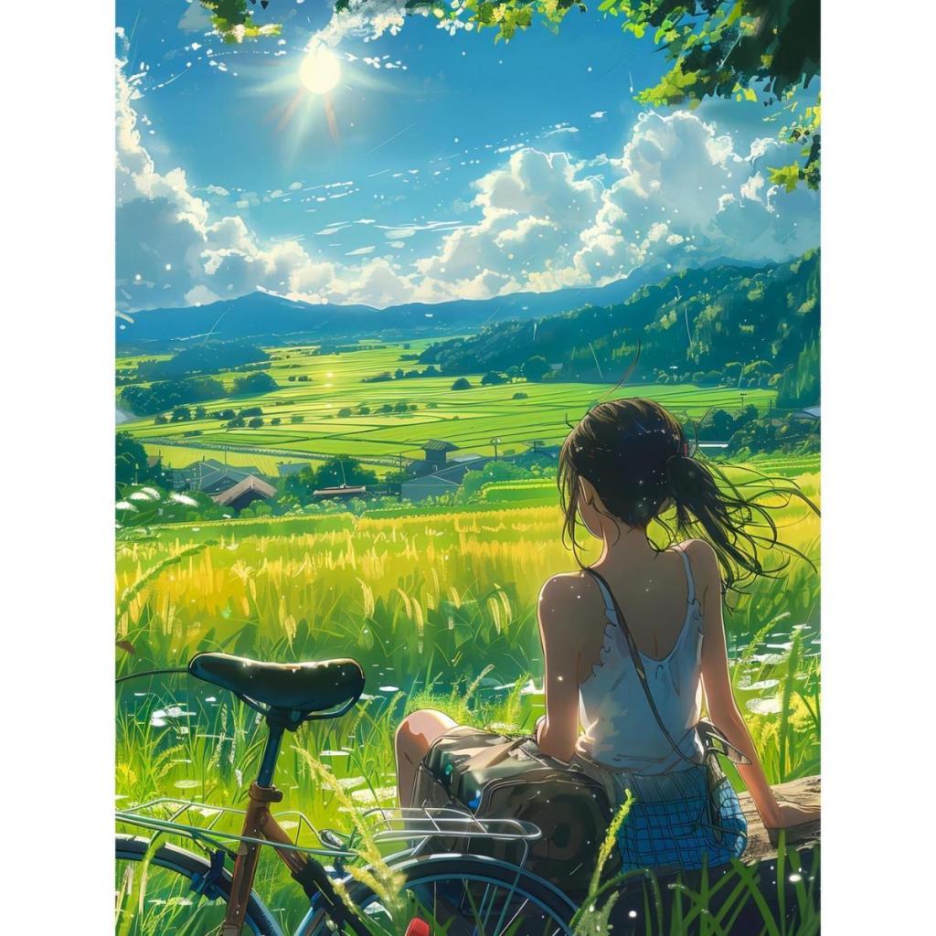 Latar belakang pemandangan bergaya anime yang indah dengan hamparan pegunungan dan padang rumput, co