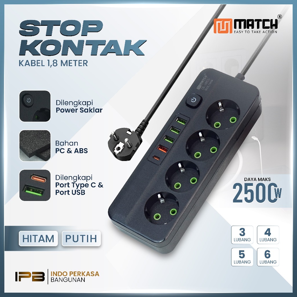 Stop Kontak 6 Lubang + USB Fast Charging | Terminal Listrik Panjang | Colokan Banyak Anti Panas