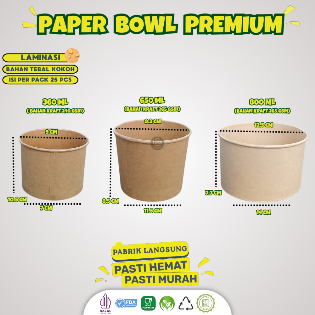 (25 Pcs) Paper Bowl 650ml Food Grade Tanpa Tutup / Rice Bowl Kraft Laminasi / Paper Bowl Food Grade 