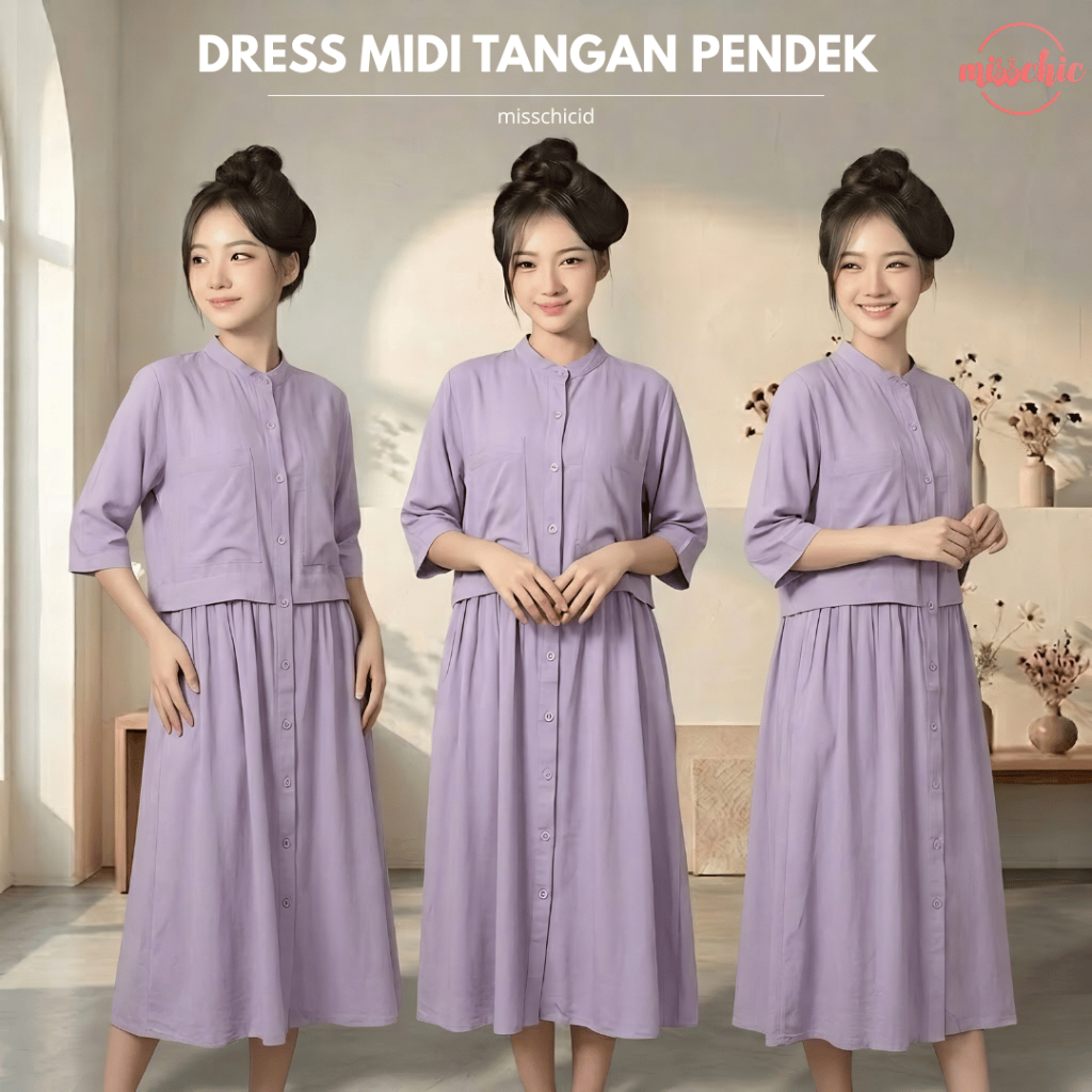 Midi Dress Rayon Twill Wanita CHIC 34 Lengan Pendek Kerah Kemeja Busui Friendly