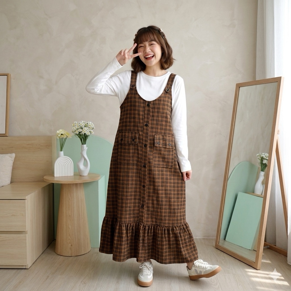 OVERALL DRESS WANITA HOUNDSTOOTH OVERALL DRESS KOREA OUTER PANJANG HITAM MOTIF KOTAK KOTAK