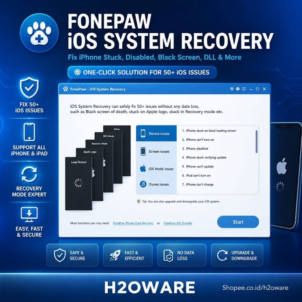FONEPAW IOS SYSTEM RECOVERY (FIX IPHONE – STUCK, DISABLED, DLL) - PERBAIKAN IPHONE STUK