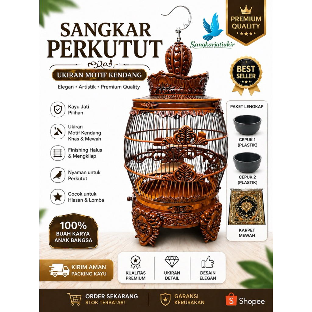 Sangkar Perkutut Kayu Jati Motif Kendang Ukiran Klasik Fullset Cepuk Plastik + Karpet Premium Best S