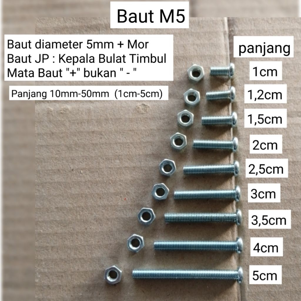 BAUT JP M5 / BAUT 8 diameter 5mm JP ( kepala bulat ) 1cm-5cm + Mor mata plus / obeng panjang pendek 